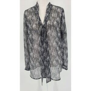 Pleione Sheer Tie Neck Blouse Top Sz Small Black White Abstract Print Minimalist